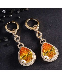 Bold Fashion Wholesale Jewelry Super Shining Cubic Ziconia Waterdrop Pendant Copper Earrings - Orange