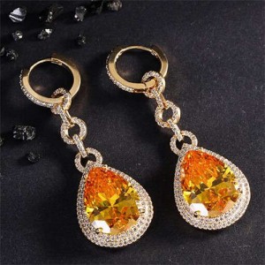Bold Fashion Wholesale Jewelry Super Shining Cubic Ziconia Waterdrop Pendant Copper Earrings - Orange