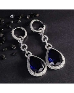 Bold Fashion Wholesale Jewelry Super Shining Cubic Ziconia Waterdrop Pendant Copper Earrings - Blue