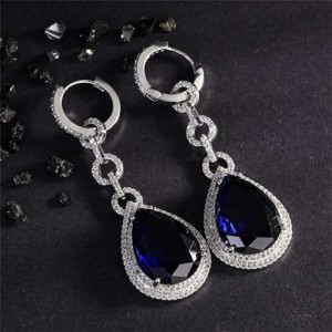 Bold Fashion Wholesale Jewelry Super Shining Cubic Ziconia Waterdrop Pendant Copper Earrings - Blue