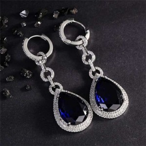 Bold Fashion Wholesale Jewelry Super Shining Cubic Ziconia Waterdrop Pendant Copper Earrings - Blue