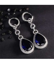 Bold Fashion Wholesale Jewelry Super Shining Cubic Ziconia Waterdrop Pendant Copper Earrings - Blue