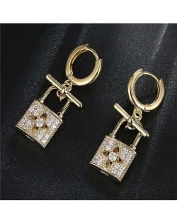 Fashion Hollow-out Flower Lock Modeling Wholesale Jewelry Cubic Zirconia Copper Earrings - Golden