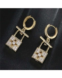 Fashion Hollow-out Flower Lock Modeling Wholesale Jewelry Cubic Zirconia Copper Earrings - Golden