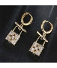 Fashion Hollow-out Flower Lock Modeling Wholesale Jewelry Cubic Zirconia Copper Earrings - Golden