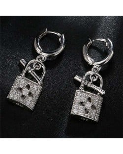 Fashion Hollow-out Flower Lock Modeling Wholesale Jewelry Cubic Zirconia Copper Earrings - Silver