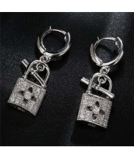 Fashion Hollow-out Flower Lock Modeling Wholesale Jewelry Cubic Zirconia Copper Earrings - Silver