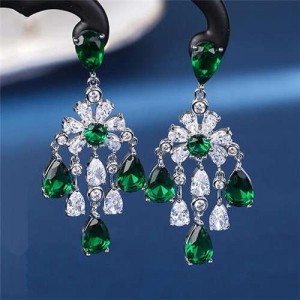Bohemian Style Wholesale Jewelry Luxurious Bling Cubic Zirconia Tassel Copper Chandelier Earrings - Green