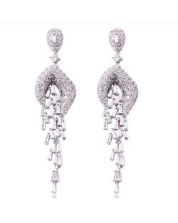 Luxurious Cubic Zirconia Wholesale Jewelry Wedding Fashion Long Dangle Copper Earrings - Silver