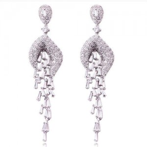 Luxurious Cubic Zirconia Wholesale Jewelry Wedding Fashion Long Dangle Copper Earrings - Silver