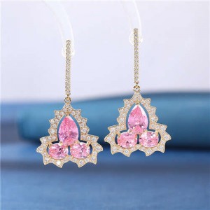 Wholesale Jewelry Elegant Design Gourd Shape Cubic Zirconia Dangle Earrings - Pink