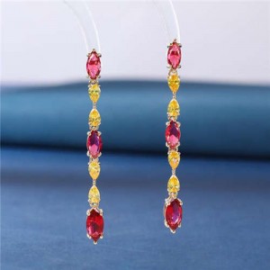 Bohemian Style Wholesale Fashion Jewelry Copper Long Cubic Zirconia Teardrop Earrings - Red