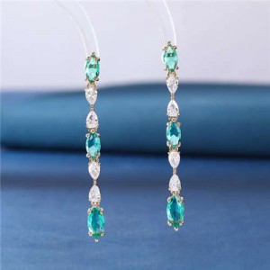 Bohemian Style Wholesale Fashion Jewelry Copper Long Cubic Zirconia Teardrop Earrings - Green