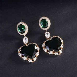 Wholesale Jewelry Luxurious Shining Cubic Zirconia Romantic Heart Pendant Copper Dangle Earrings - Green
