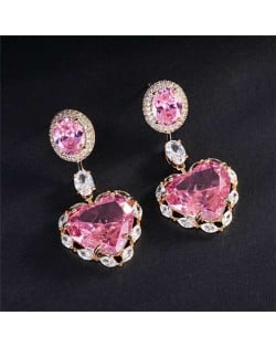 Wholesale Jewelry Luxurious Shining Cubic Zirconia Romantic Heart Pendant Copper Dangle Earrings - Pink