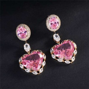 Wholesale Jewelry Luxurious Shining Cubic Zirconia Romantic Heart Pendant Copper Dangle Earrings - Pink