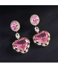 Wholesale Jewelry Luxurious Shining Cubic Zirconia Romantic Heart Pendant Copper Dangle Earrings - Pink