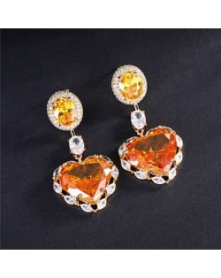 Wholesale Jewelry Luxurious Shining Cubic Zirconia Romantic Heart Pendant Copper Dangle Earrings - Orange