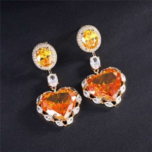 Wholesale Jewelry Luxurious Shining Cubic Zirconia Romantic Heart Pendant Copper Dangle Earrings - Orange