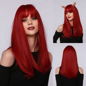 Red Color Straight Long Synthetic Hair with Bangs Women Cosplay Wholesale Wig