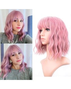 Smoky Pink Color Curly Long Synthetic Hair with Bangs Women U.S. Fashion Wholesale Wig