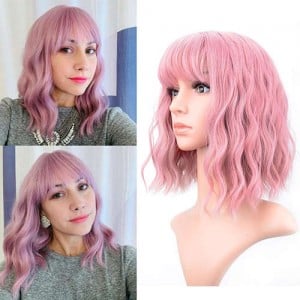 Smoky Pink Color Curly Long Synthetic Hair with Bangs Women U.S. Fashion Wholesale Wig