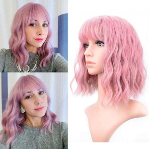 Smoky Pink Color Curly Long Synthetic Hair with Bangs Women U.S. Fashion Wholesale Wig