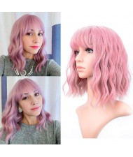 Smoky Pink Color Curly Long Synthetic Hair with Bangs Women U.S. Fashion Wholesale Wig