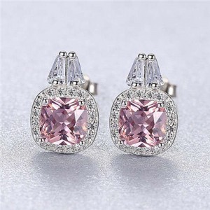 Shining Cubic Zirconia Inserted Romantic Pink Wholesale 925 Sterling Silver Earrings