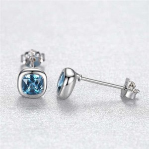 Simple Design Fashion Mini Square Ear Studs Wholesale 925 Sterling Silver Earrings - Aquamarine