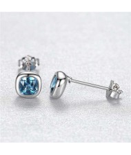 Simple Design Fashion Mini Square Ear Studs Wholesale 925 Sterling Silver Earrings - Aquamarine