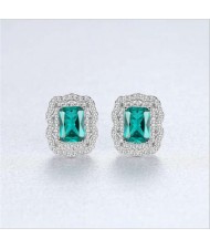 Upscale Glistening Cubic Zirconia Green Gem Wave Edge Wholesale 925 Sterling Silver Earrings