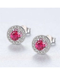 Wholesale 925 Sterling Silver Jewelry Shining Cubic Zirconia Surrounded Round Shape Small Ear Studs - Red