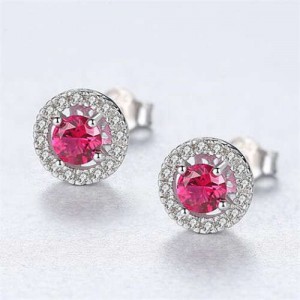 Wholesale 925 Sterling Silver Jewelry Shining Cubic Zirconia Surrounded Round Shape Small Ear Studs - Red