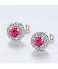 Wholesale 925 Sterling Silver Jewelry Shining Cubic Zirconia Surrounded Round Shape Small Ear Studs - Red