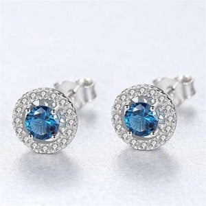 Wholesale 925 Sterling Silver Jewelry Shining Cubic Zirconia Surrounded Round Shape Small Ear Studs - Blue