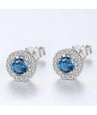 Wholesale 925 Sterling Silver Jewelry Shining Cubic Zirconia Surrounded Round Shape Small Ear Studs - Blue