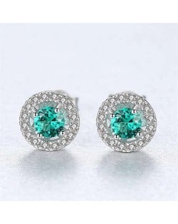 Wholesale 925 Sterling Silver Jewelry Shining Cubic Zirconia Surrounded Round Shape Small Ear Studs - Green
