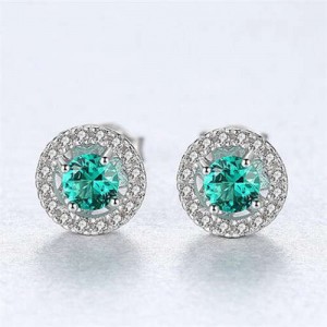 Wholesale 925 Sterling Silver Jewelry Shining Cubic Zirconia Surrounded Round Shape Small Ear Studs - Green