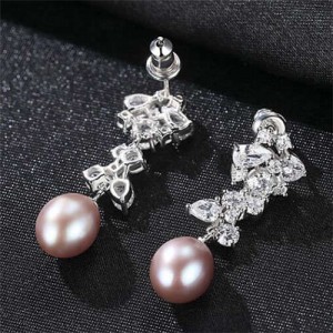 Graceful Cluster Flower with Natral Pearl 925 Sterling Silver Wholesale Earrings - Purple