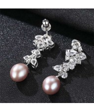 Graceful Cluster Flower with Natral Pearl 925 Sterling Silver Wholesale Earrings - Purple