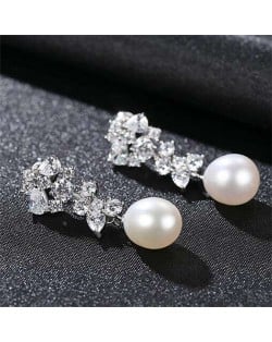 Graceful Cluster Flower with Natral Pearl 925 Sterling Silver Wholesale Earrings - White