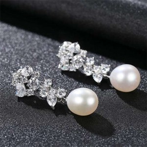 Graceful Cluster Flower with Natral Pearl 925 Sterling Silver Wholesale Earrings - White