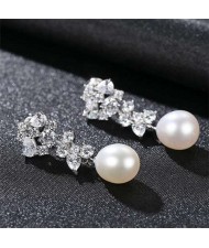 Graceful Cluster Flower with Natral Pearl 925 Sterling Silver Wholesale Earrings - White