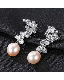 Graceful Cluster Flower with Natral Pearl 925 Sterling Silver Wholesale Earrings - Pink