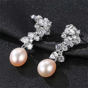 Graceful Cluster Flower with Natral Pearl 925 Sterling Silver Wholesale Earrings - Pink