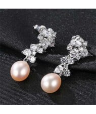 Graceful Cluster Flower with Natral Pearl 925 Sterling Silver Wholesale Earrings - Pink