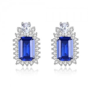 High Quality Wholesale 925 Sterling Silver Jewelry Rectangular Blue Cubic Zirconia Earrings