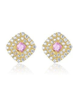 Vintage Design Wholesale 925 Sterling Silver Jewelry Pink Cubic Zirconia Rhombus Ear Studs