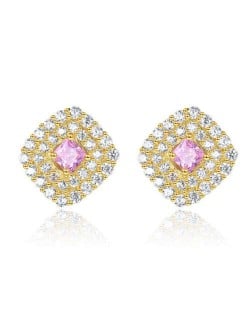 Vintage Design Wholesale 925 Sterling Silver Jewelry Pink Cubic Zirconia Rhombus Ear Studs